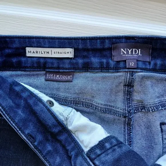 NYDJ Marilyn Straight Jeans 12 Lift Tuck dark wash blue 33W 28.5L hemmed short - Picture 7 of 16